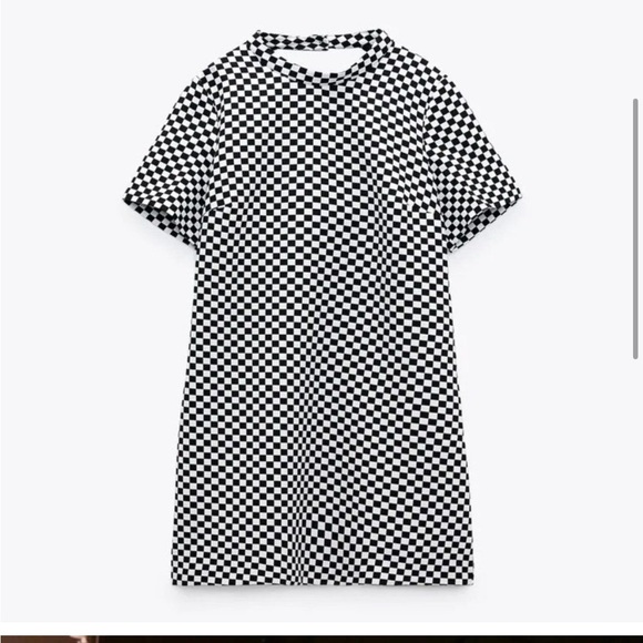 NWT Small ZARA Short Midi Black & White Checkered Dress Mock Collar - Picture 5 of 7